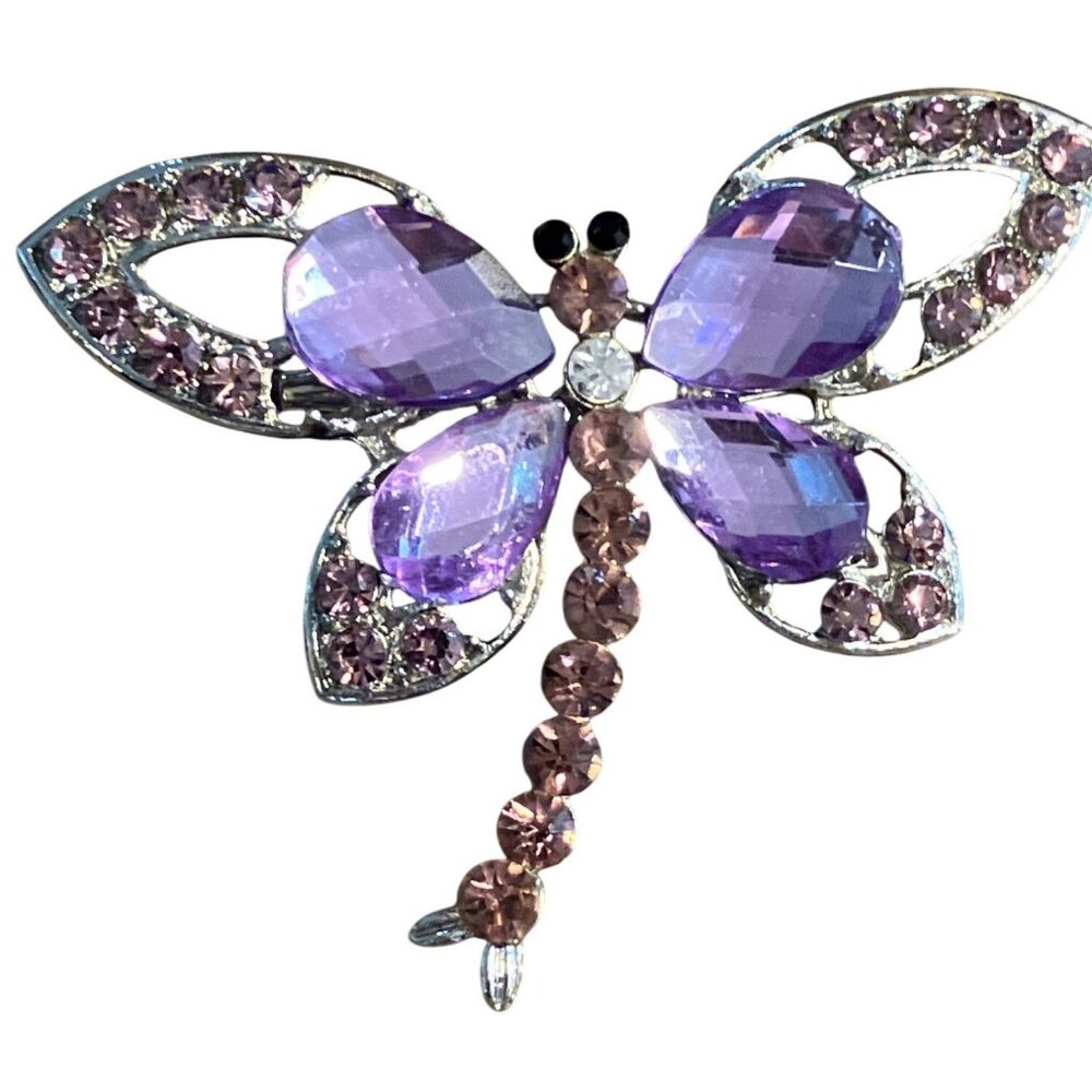 Purple Gemstone Dragonfly Brooch Pin  Silver-Tone Metal Elegant Jewelry Accessor